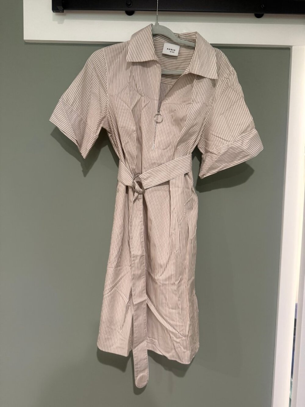 Akris Punto Striped Shirt Dress Half Zip Belt Beige White 12